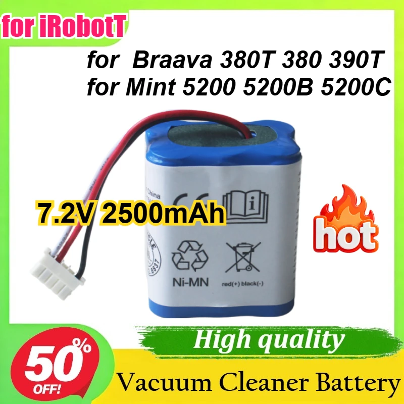 7.2V 2500mAh NI-MH Battery for IRobot Braava 380T 380 390T for Mint 5200 5200B 5200C Vacuum Cleaner Upgraded Battery