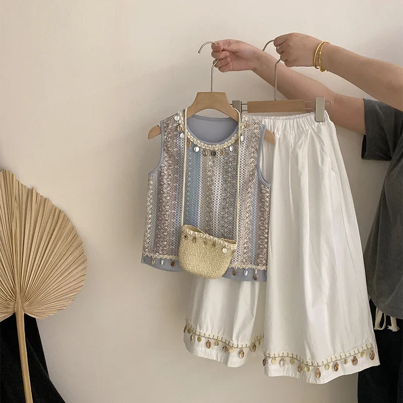 

Teen girl set summer children's sequined vest+wide leg pants two-piece set new Chinese style 100-160cm
