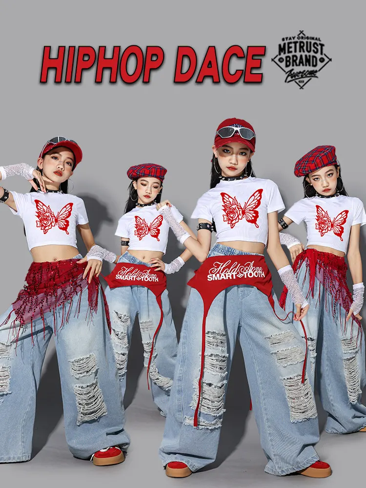 Hip Hop Girls Outfit Jazz Dance Stage Show Suit Butterfly Crop Top Denim Pants Kid Street Dance Clothing Kpop Costumes