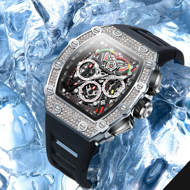 ONOLA 6827D Luxury Wine Barrel Full Diamond Design Fully Automatic Mechanical Watch Men's Calendar Chronograph Watches for Man