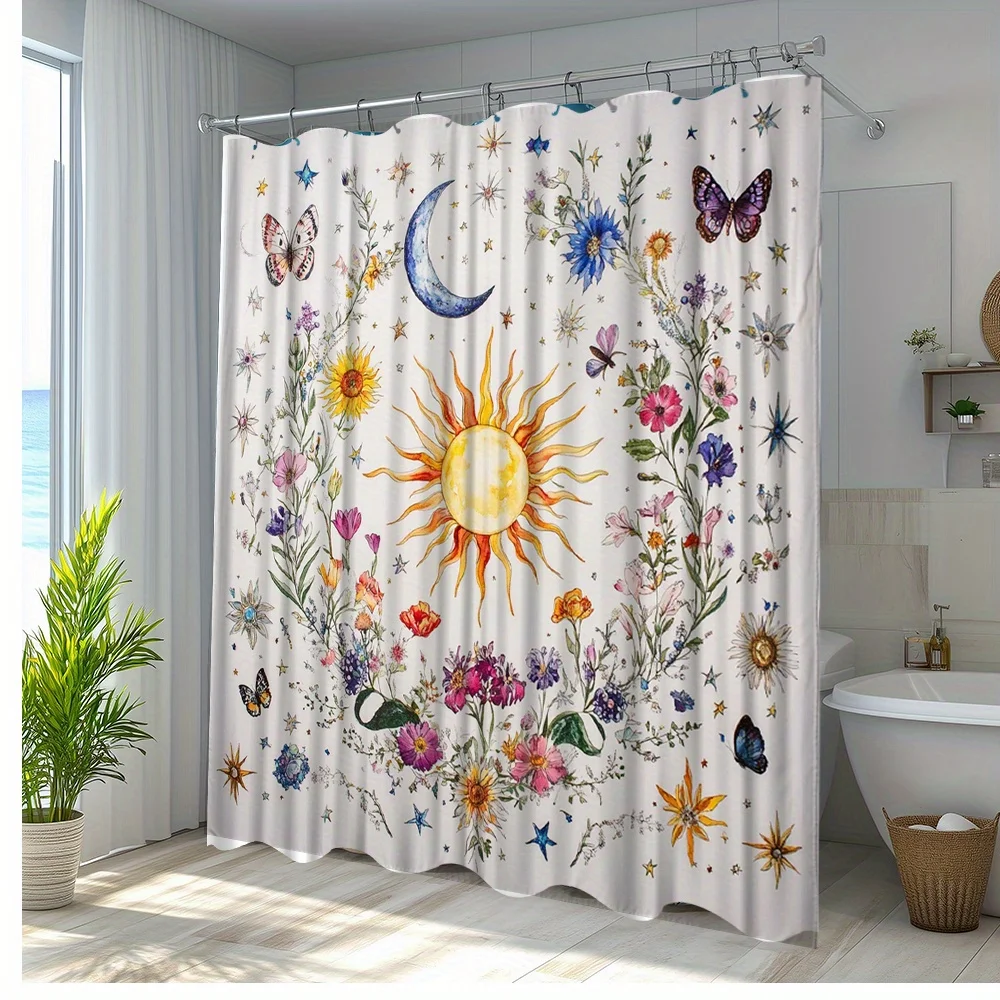 

1pc Sun and Moon Shower Curtain with Floral and Butterfly Design, Polyester Fabric, Bathroom Decoration, Included 12 Hooks,