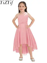 Girls Chiffon One Shoulder Dresses Kids Ruched Pleated Wedding Bridesmaid Formal Flower Dress Party Long Dress for Evening Proms