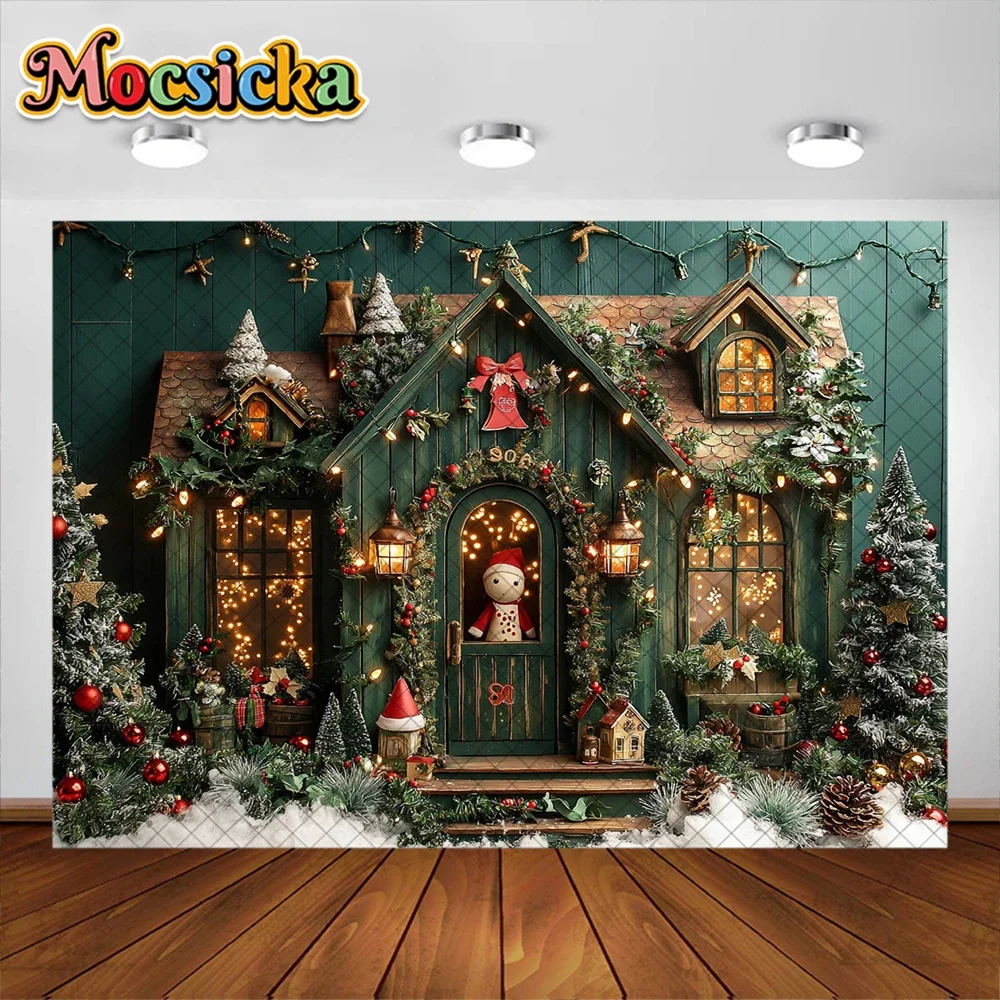 Mocsicka Christmas Candy House Photography Background Xmas Tree White Snow Garland Holiday Decor Girl Portrait Photo Backdrop