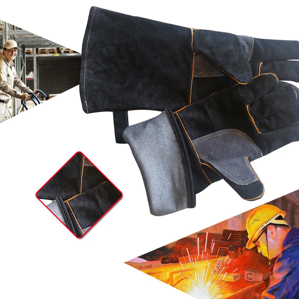 

1Pair Heat Resistant Oven Mitts Cowhide Microwave Gloves Denim Cuff Cooking Bbq Grilling Kitchen Mitts Kitchen Mitt