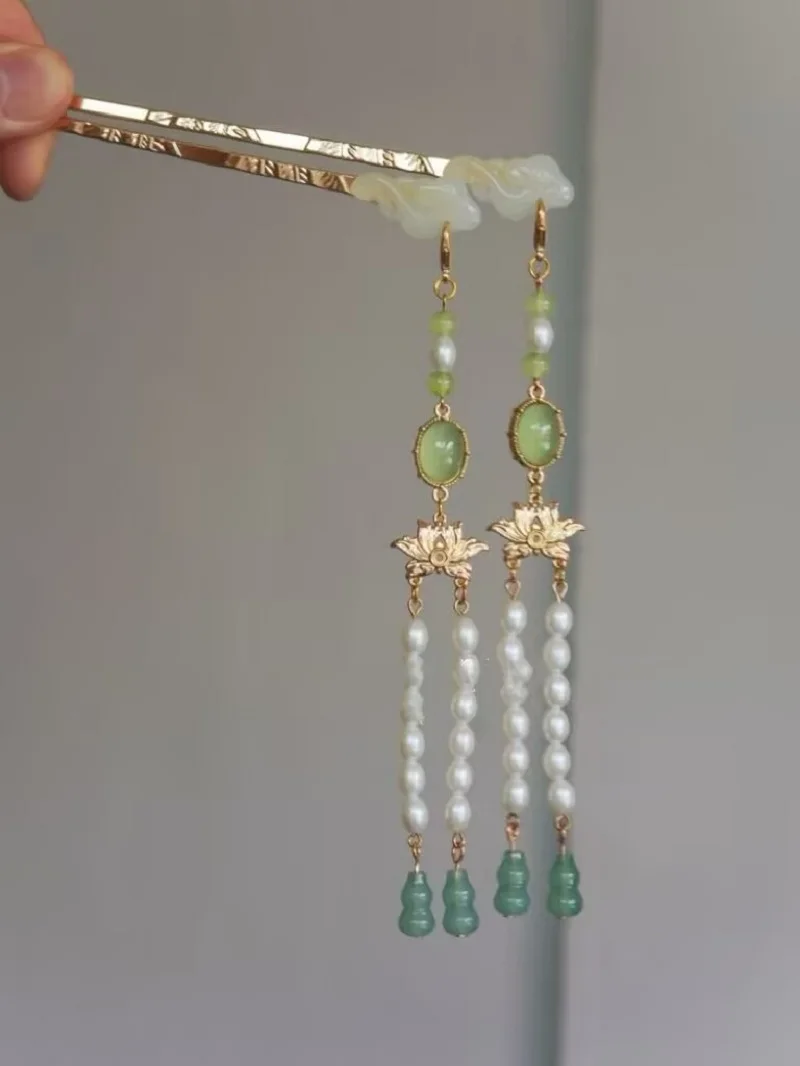 Womens Hair Stick Imitation Jade With Gourd Beaded Fringe Chinese Headwear