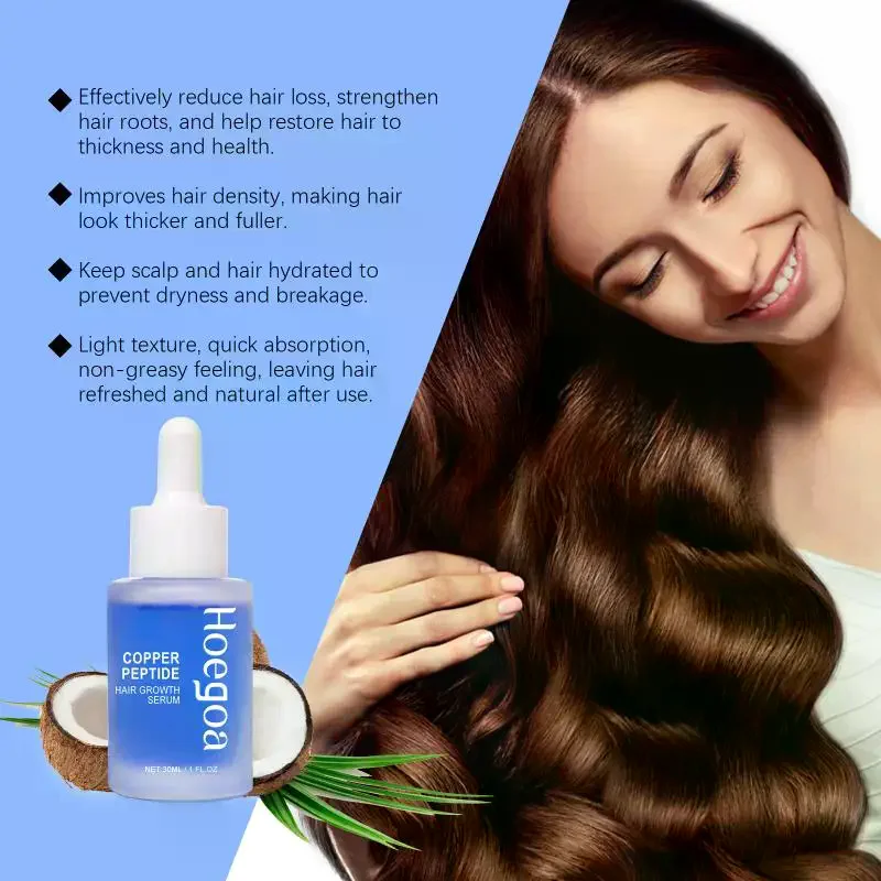 Copper peptide hair serum nourishes and moisturizes the scalp, repairs hair roots, and promotes voluminous, strong hair.