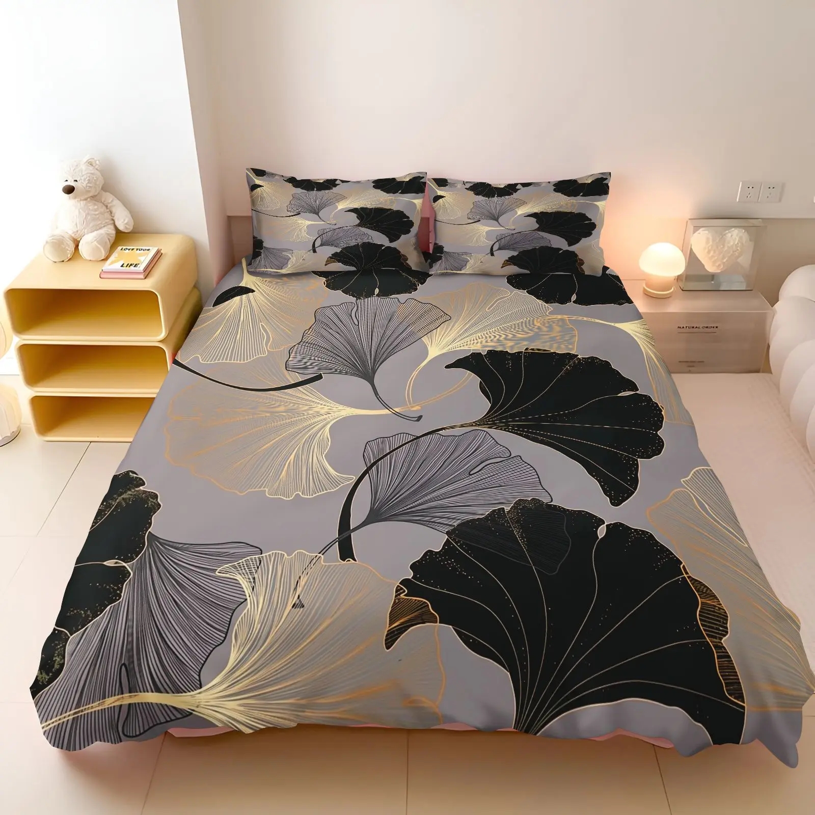 Bedding Set Duvet Cover Set Golden Ginkgo Leaf  Modern Abstract  Soft Fabric Quilt Cover for Bedroom Decor