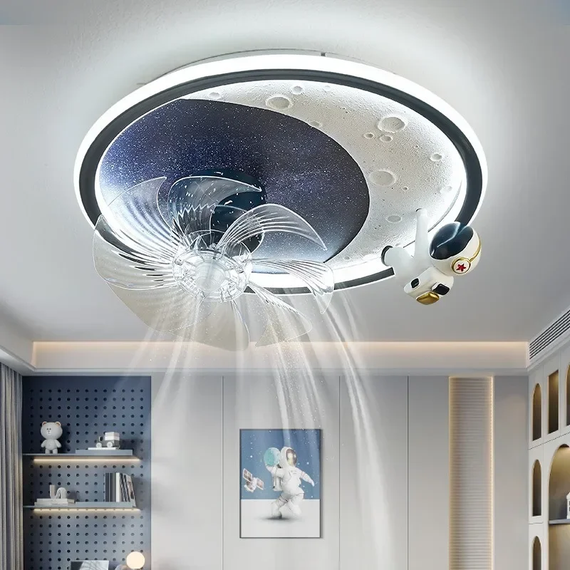 

LED Ceiling Fans With Light creative children's room eye protection Male female astronaut single angle intelligent lamp lighting
