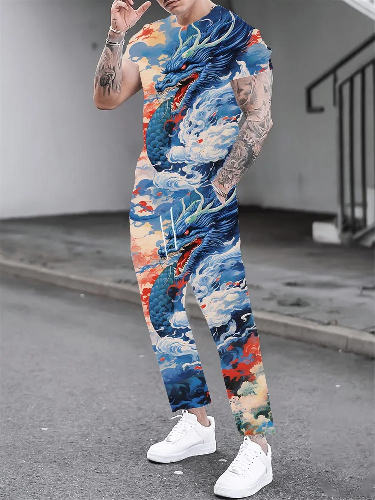 

Wave Dragon 3D Print Men Sportswear Set Japanese-style Short-Sleeved T Shirt Pants 2-Piece Set Oversized Pullover Men Clothing
