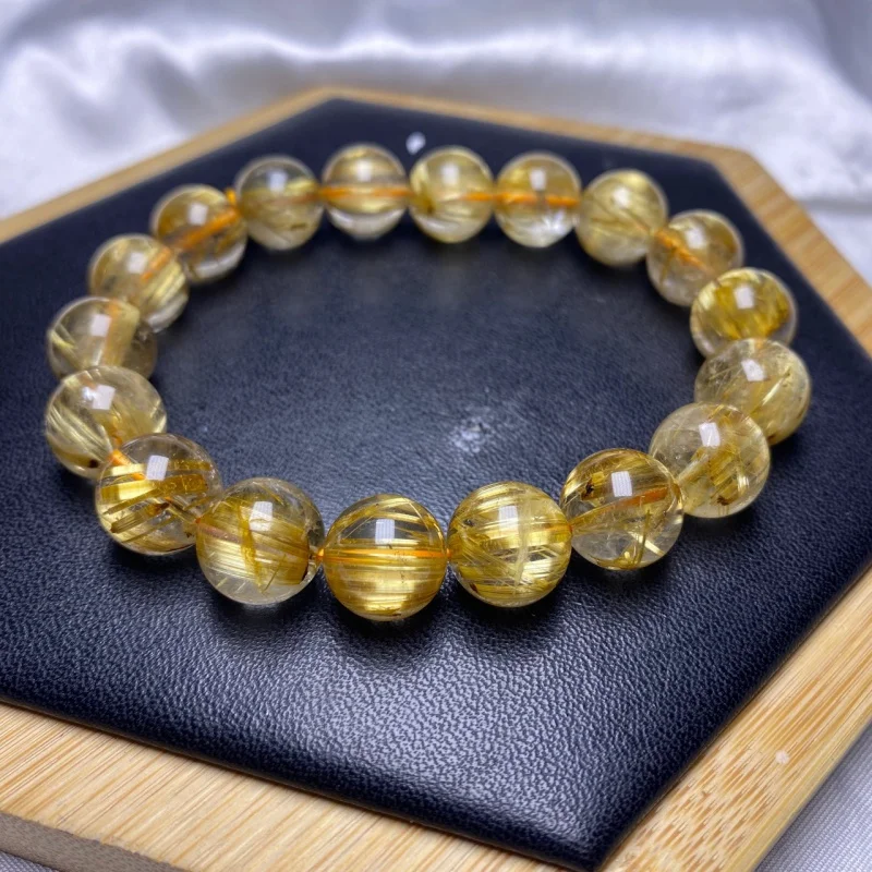 Gold Rutile Plate Silk Thick Straight Single Ring Bracelet Men's and Women's Crystal round Beads