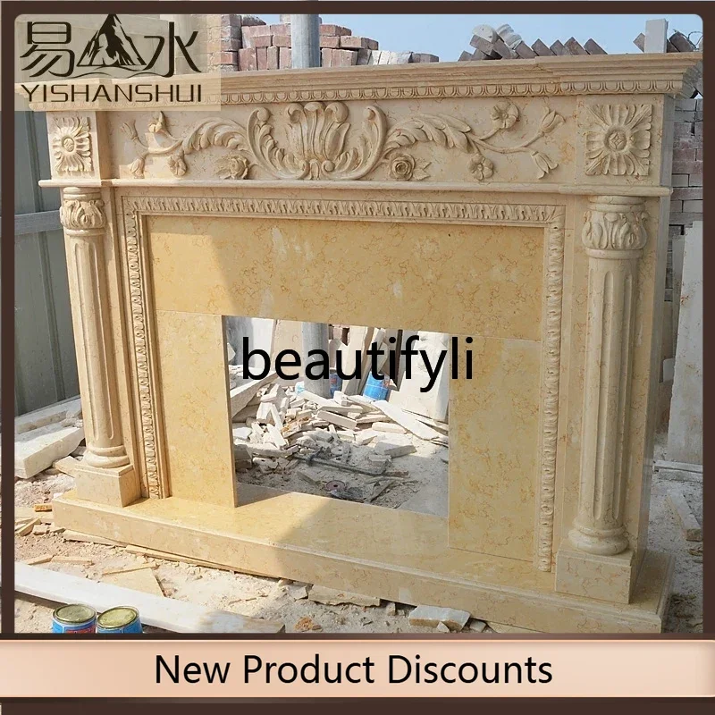 

Asmt56 Natural marble beige stone fireplace European stone carving fireplace rack carved decorative cabinet TV customization