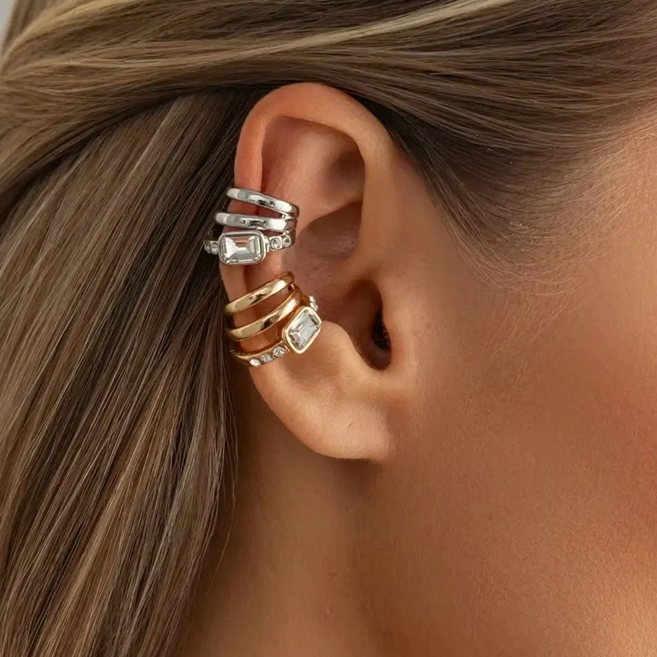 KunJoe Fashion Rhinestone Multi-layer Clip Earring for Women Creative Simple C Ear Cuff Non-Piercing Ear Clip Set Trendy Jewelry