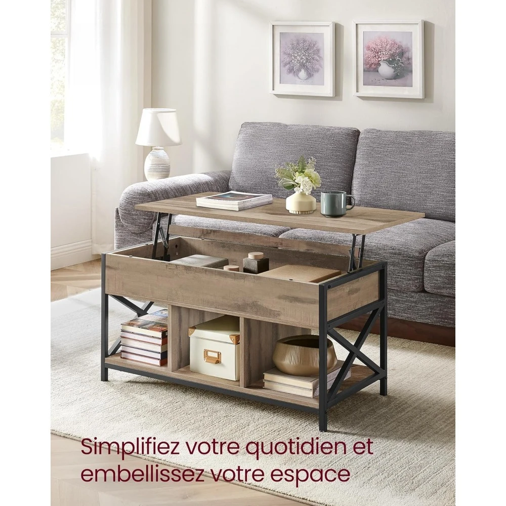 table basse, table de salon relevable, avec rangement caché et compartiments ouverts, structure en acier, 50 x 100 x (46,5-62) cm, chameau