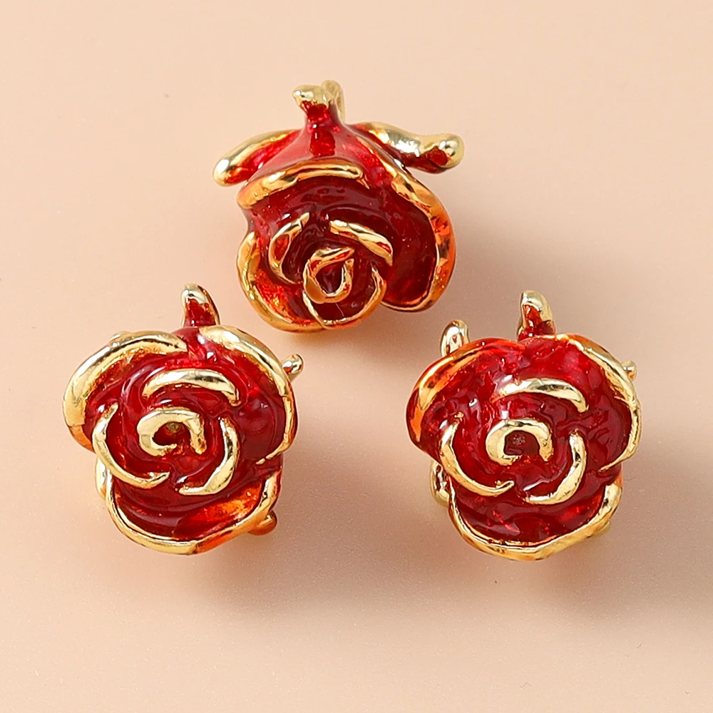 Leslie 5 Stück Emaille-Anhänger aus Legierungsmetall mit roten Rosenblüten für DIY romantische Rosen-Ohrringe für Damen, Schmuckherstellung, Zubehör – Detail 6