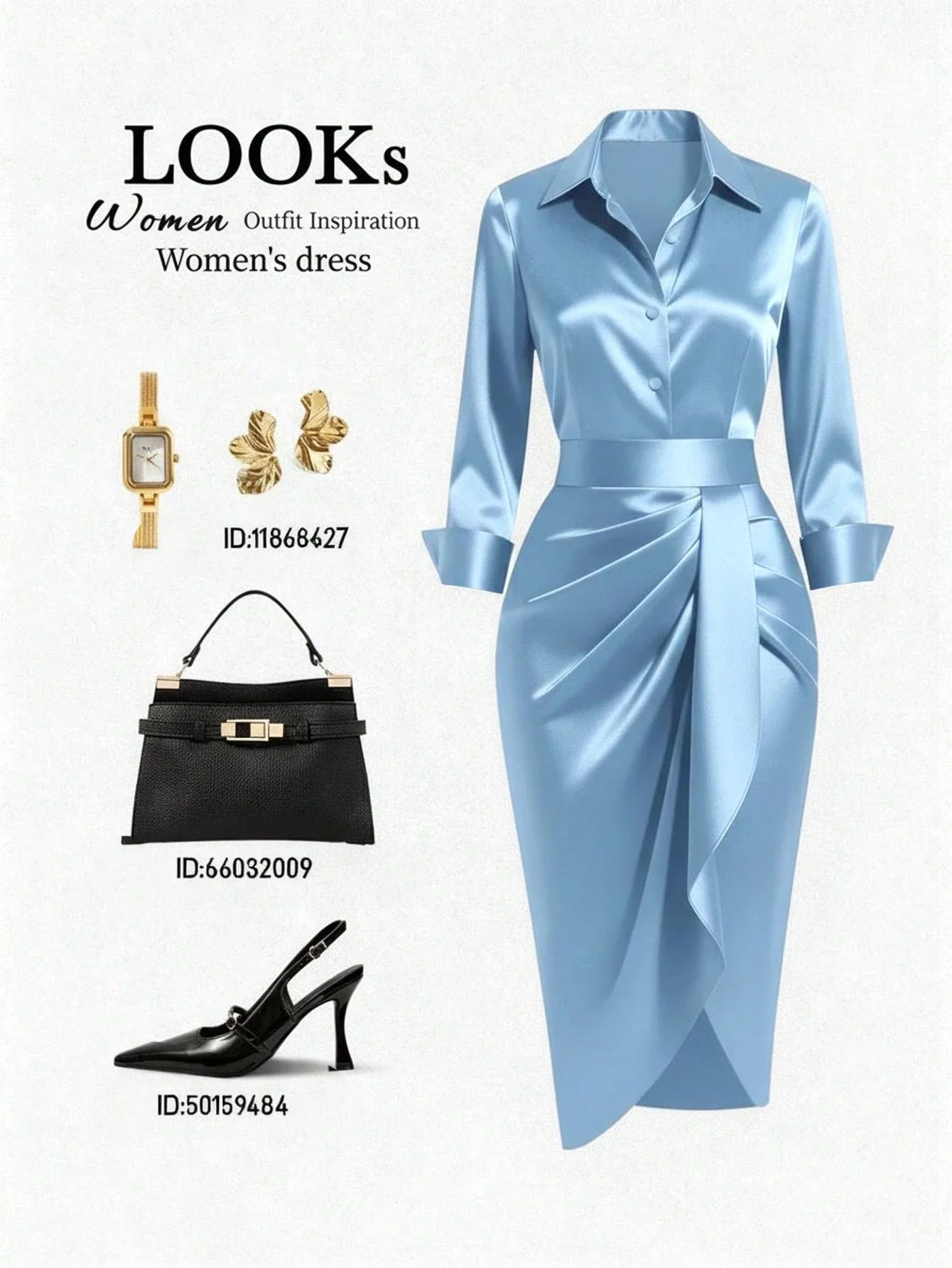 

Baby Blue Satin Shirt Dress With Ruched Waist Asymmetric Hem Office Elegant Dress