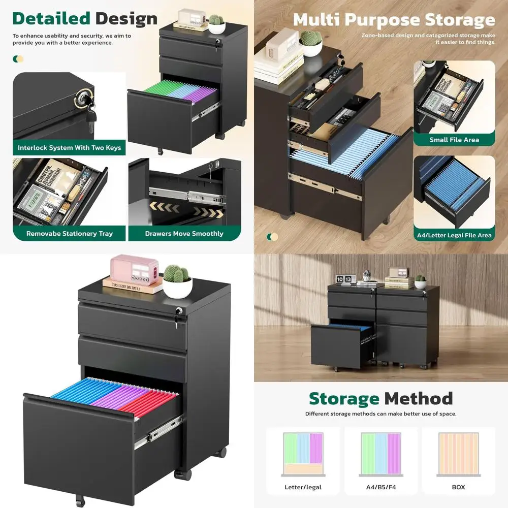 

Lockable 3-Drawer Rolling File Cabinet, Fully Assembled, Suitable for Home Office, Holds Legal/Letter/A4 Files (Black)