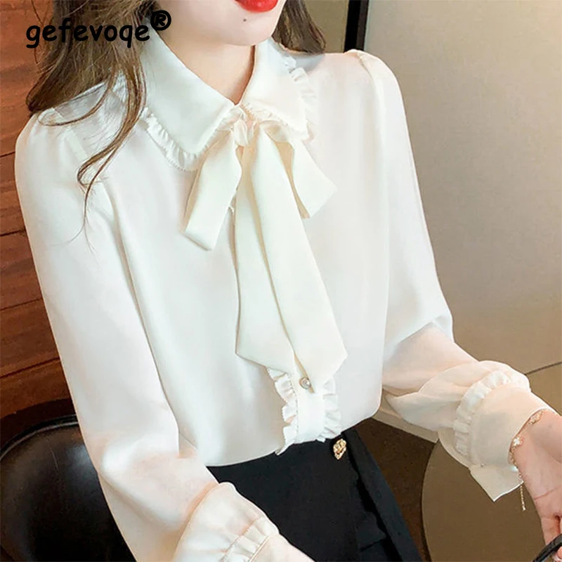 Spring Summer Elegant Fashion White Bow Shirt Women\'s Temperament Button Up Top Ladies Long Sleeve Chiffon Blouse Femme Cardigan