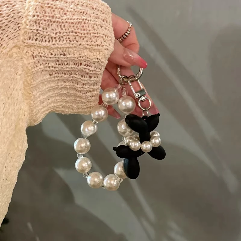 Korean Cute Pearl Balloon Dog Pearl Beaded Phone Chain Keychain Bracelet Lanyard For iPhone Samsung Camera Anti-Lost Wrist Strap