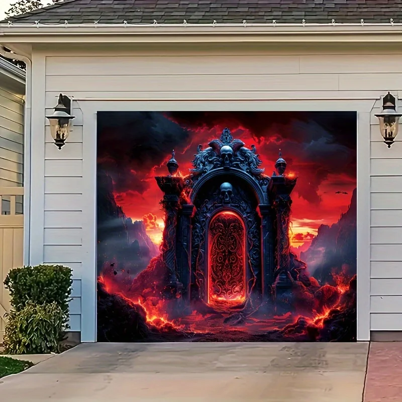 بوابة الجمجمة الغامضة. خلفية مع بوابة قوطية داكنة وأشواك وضوء أحمر جحمي وسحب ونيران.