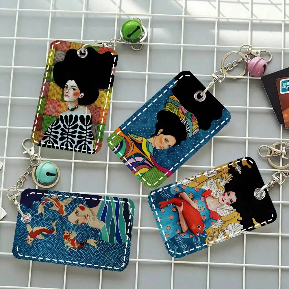 Vintage Abstract Girl Hair Flower Women Card Case Keychain Access Card Bag Key Tag Ring Leather Card Holder Key Ring Access