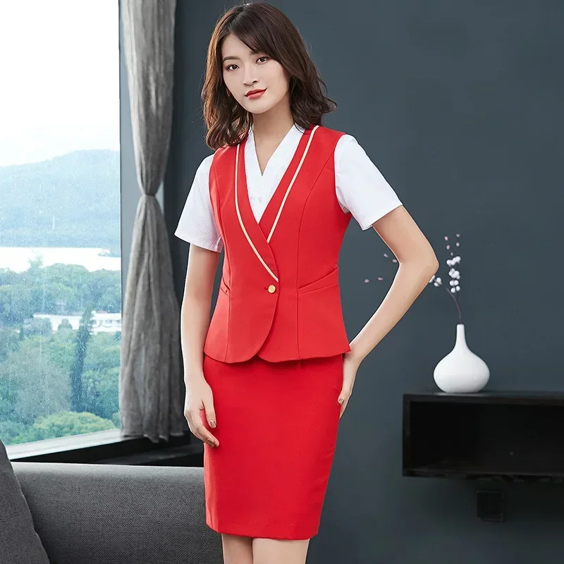 

Airlines Flight Stewardess Aviation Uniform Professional Red Skirt Coat Vest Shirt Full Sleeve Flight Attendant Uniform