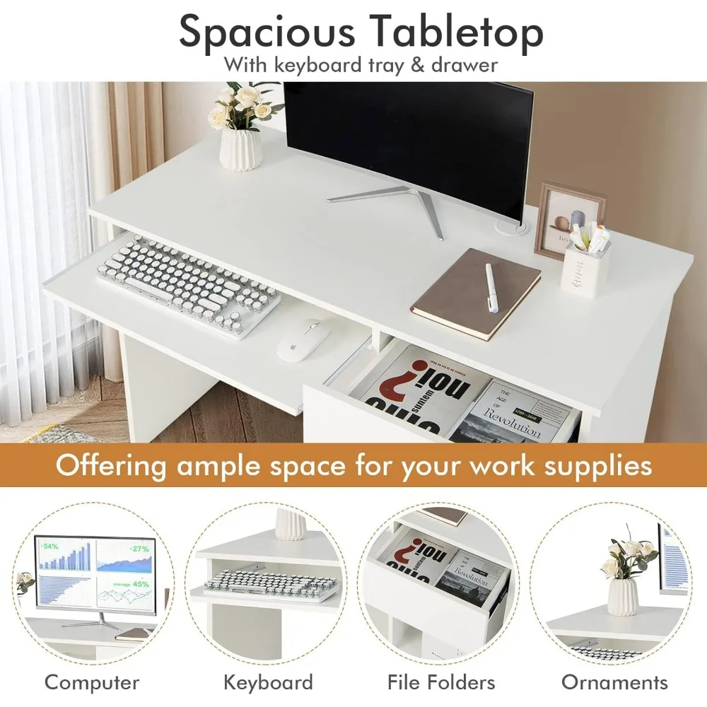 White Desk with Drawer, Wooden Computer Desk with Pull-Out Keyboard Tray & Adjustable Storage Shelves, Modern Laptop PC