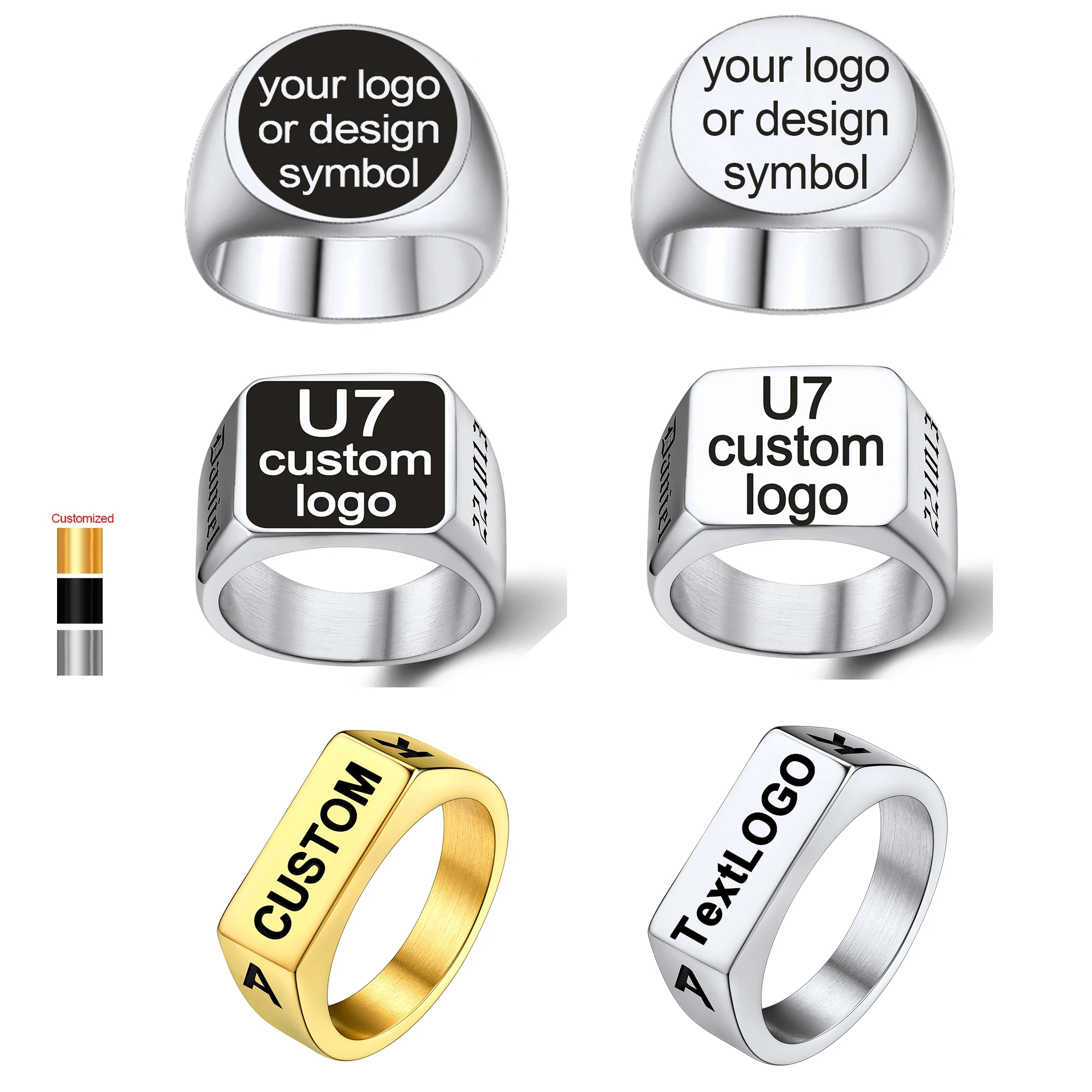 U7 Custom Stainless Steel Round Square Rings for Man Relief Deep Engrave Black White Vector Design Logo Brand Rings Jewelry Gift