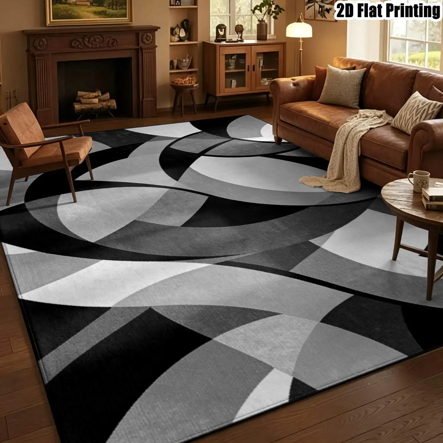 1Pc 2D Printed Black White Gray Geometric Abstract Modern Minimalist Nordic Instagram Style Carpet Mat, Machine Washable, Multi-Size, for Home Decor, Multi-Scene Use