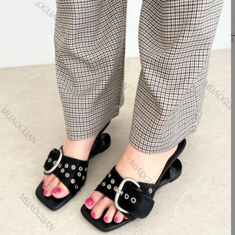 

Designer Trendy Women Rivet Slippers 5CM Square Toe High Heels Ladies Shoes 2026 Summer Dress Party Banquet Pumps Sequin Sandals