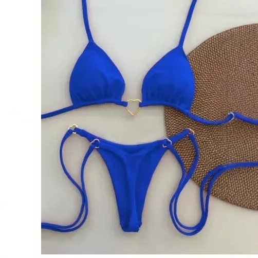 2025 novo europeu e americano amor pescoço reunindo biquíni brasileiro sexy fivela de metal cor sólida dividir maiô transfronteiriço