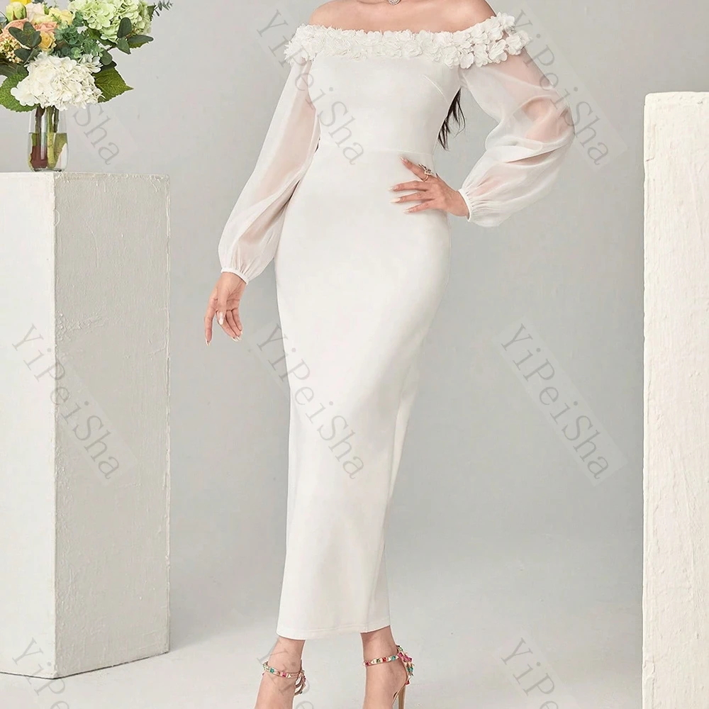 

Customized Straight Evening Dresses Tea-length Off The Shoulder Full Sleeve Prom Gown Simple Fashion Flowers Backless Party Gown