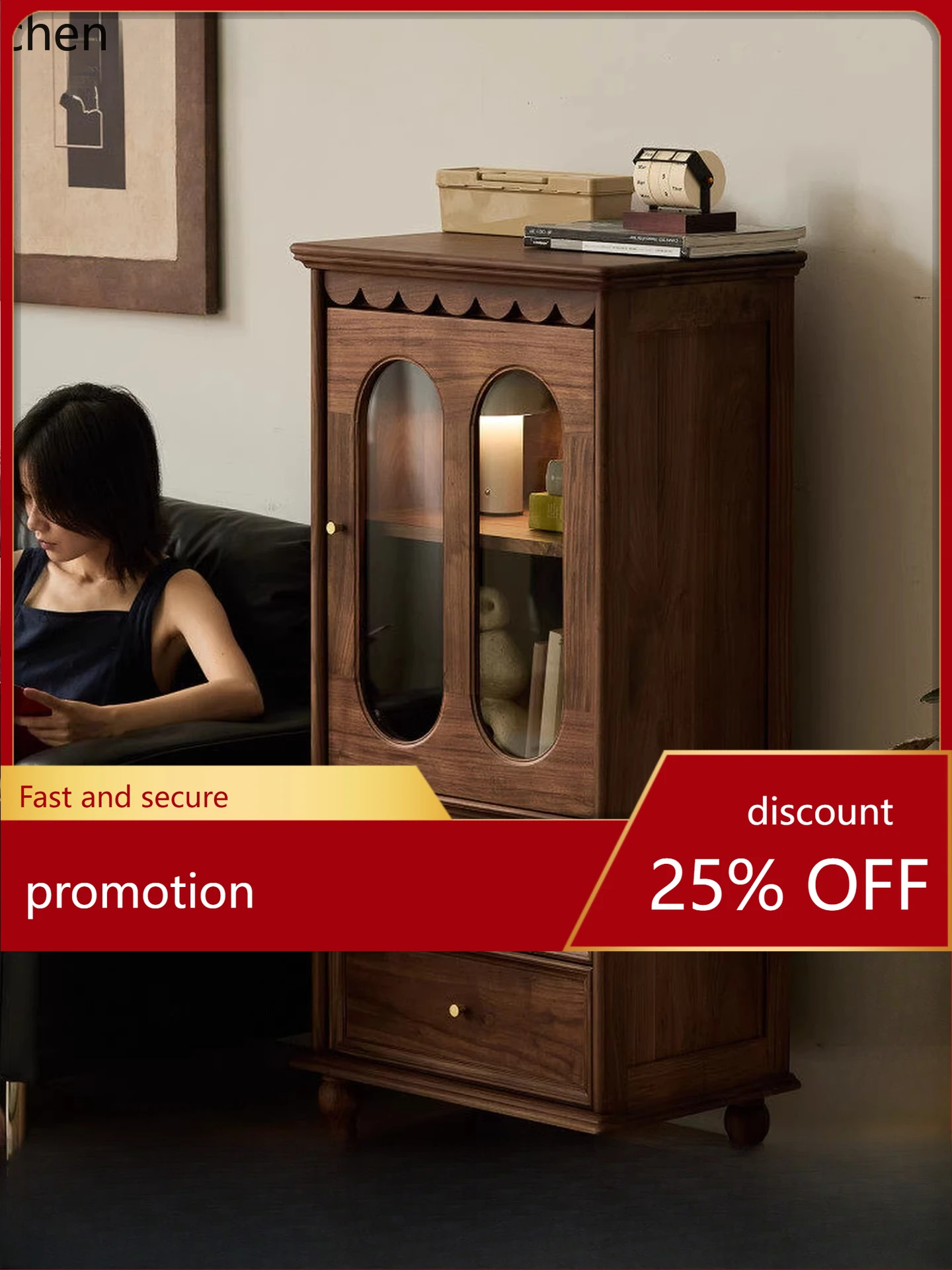 

CZ Black Walnut Solid Wood Wine Cabinet Living Room Glass Door Storage Cabinet Organizer