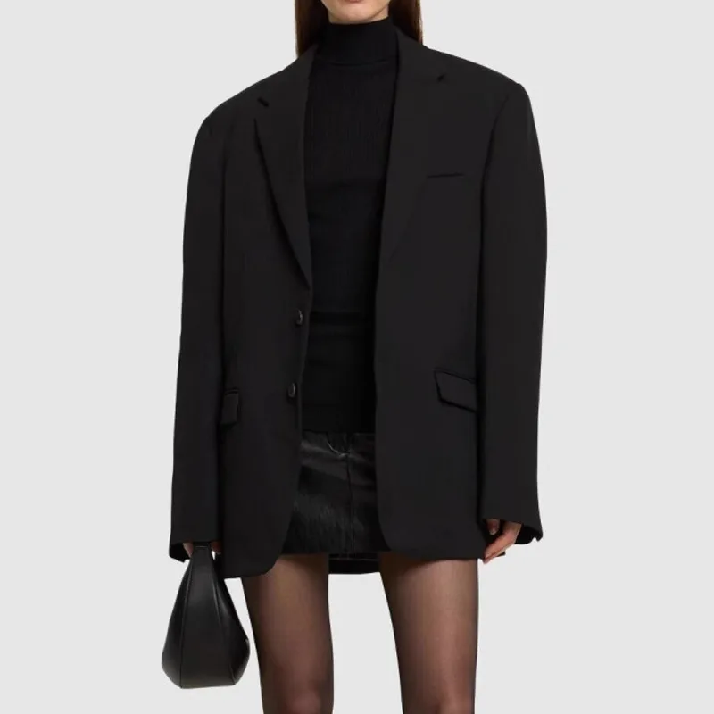 Kwtx 2025 primavera verão feminino preto blazer jaqueta moda luxo casual bolsos de escritório lapela elegante chique outerwear