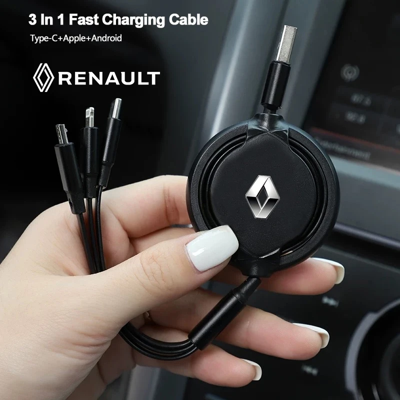 

Car Interior 3 In 1 Data Cable Type C USB Fast Charging For Renault Clio Koleos Megane Espace QM6 Kadjar Captur Scenic Duster Tw