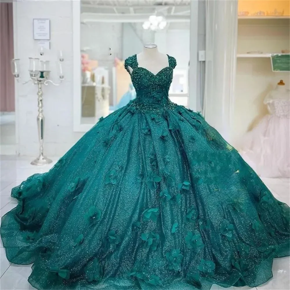 Vestidos de quinceañera verde cazador verde azulado, mangas casquillo de encaje con lentejuelas, cuentas de cristal, flores hechas a mano, corsé en la espalda, fiesta de graduación dulce 16