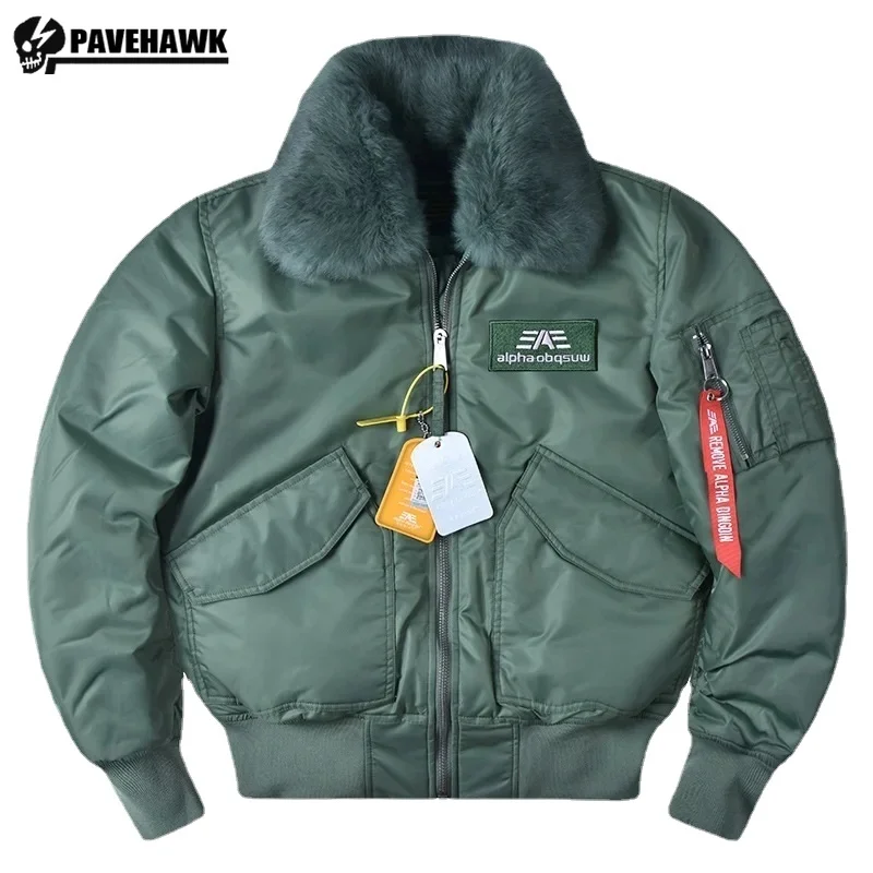 

Air Force Pilot MA-1 Jacket Mens Winter Rabbit Fur Collar Thicken Vintage Flight Bomber Coat Zipper Tactical Windproof Parkas