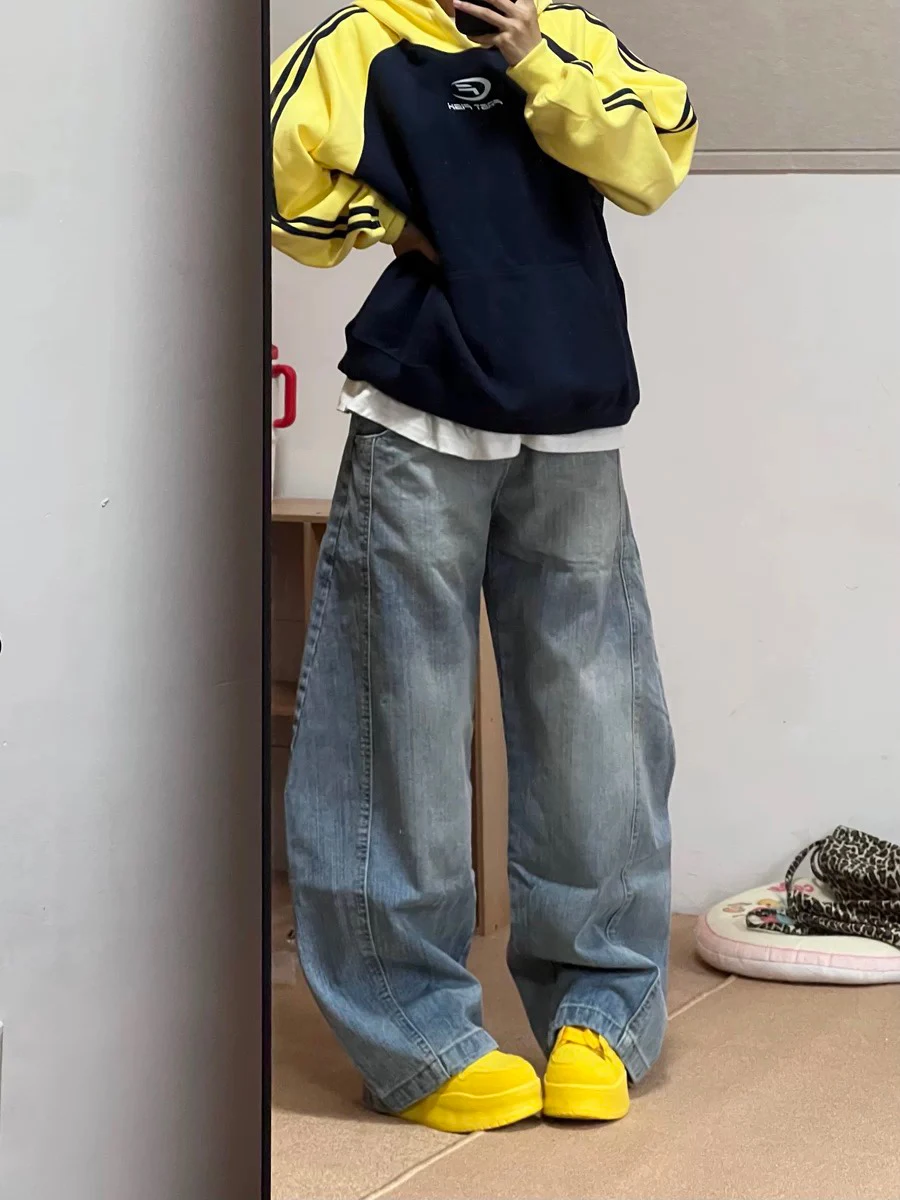 

Американские широкие джинсы с высокой талией для женщин, свободный крой, весна 2025, новые повседневные брюки в рабочем стиле