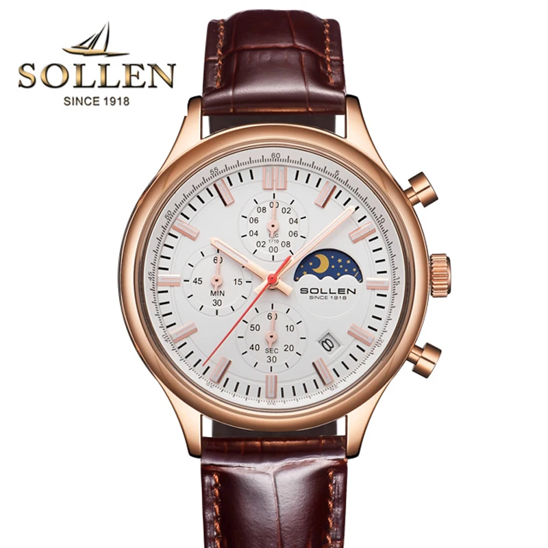 New Luxury Brand SOLLEN Japan Quartz Movement Men's Watches Multi-function Luminous Waterproof Stop Watch Moon Phase Clock SL702