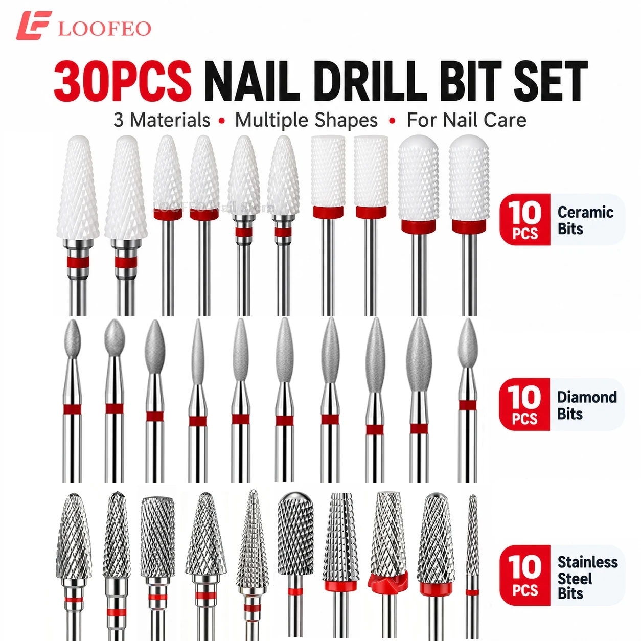 30PCS Nail Drill Bits Set with Storage Case Ceramic Diamond Stainless Steel Nail File Bits E-File Accessories for Manicure Mill