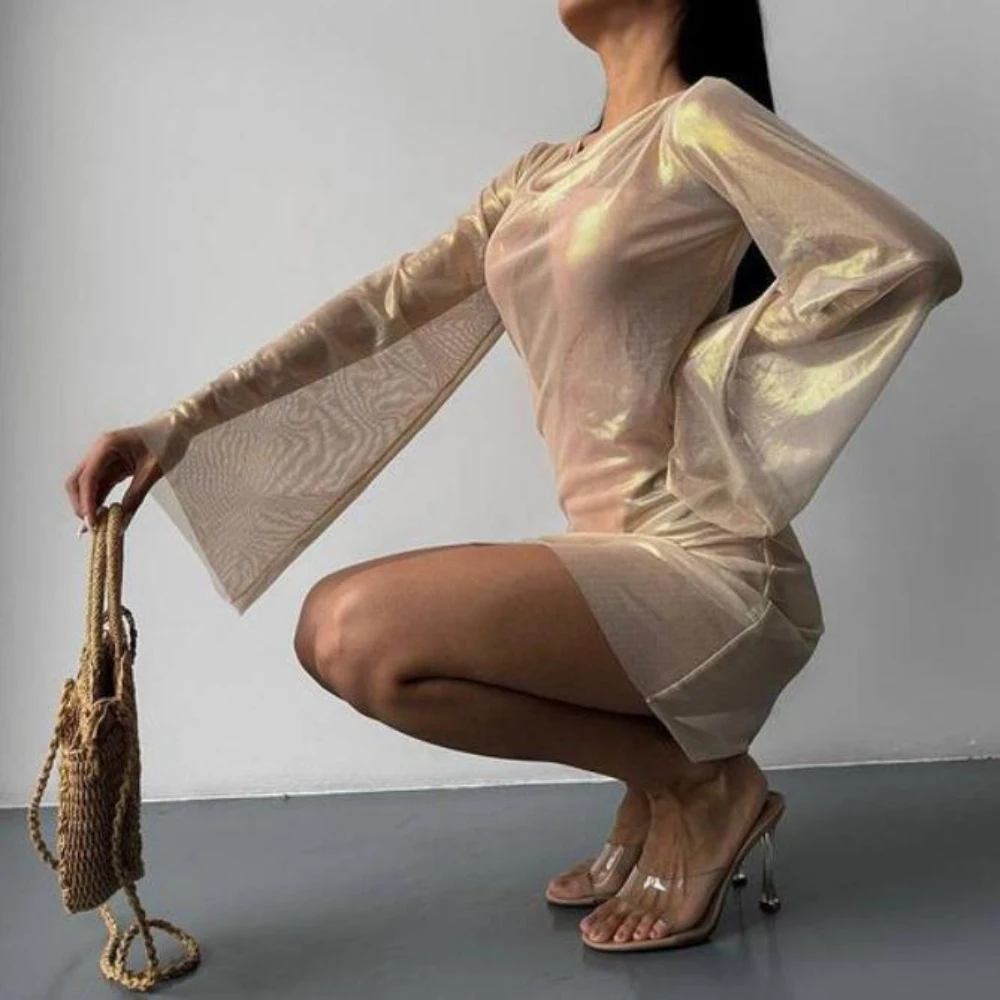 New Mesh Stamping Fashion See-through Micro Flare Long Sleeve Women's Sexy Dresses Sehe Fashion