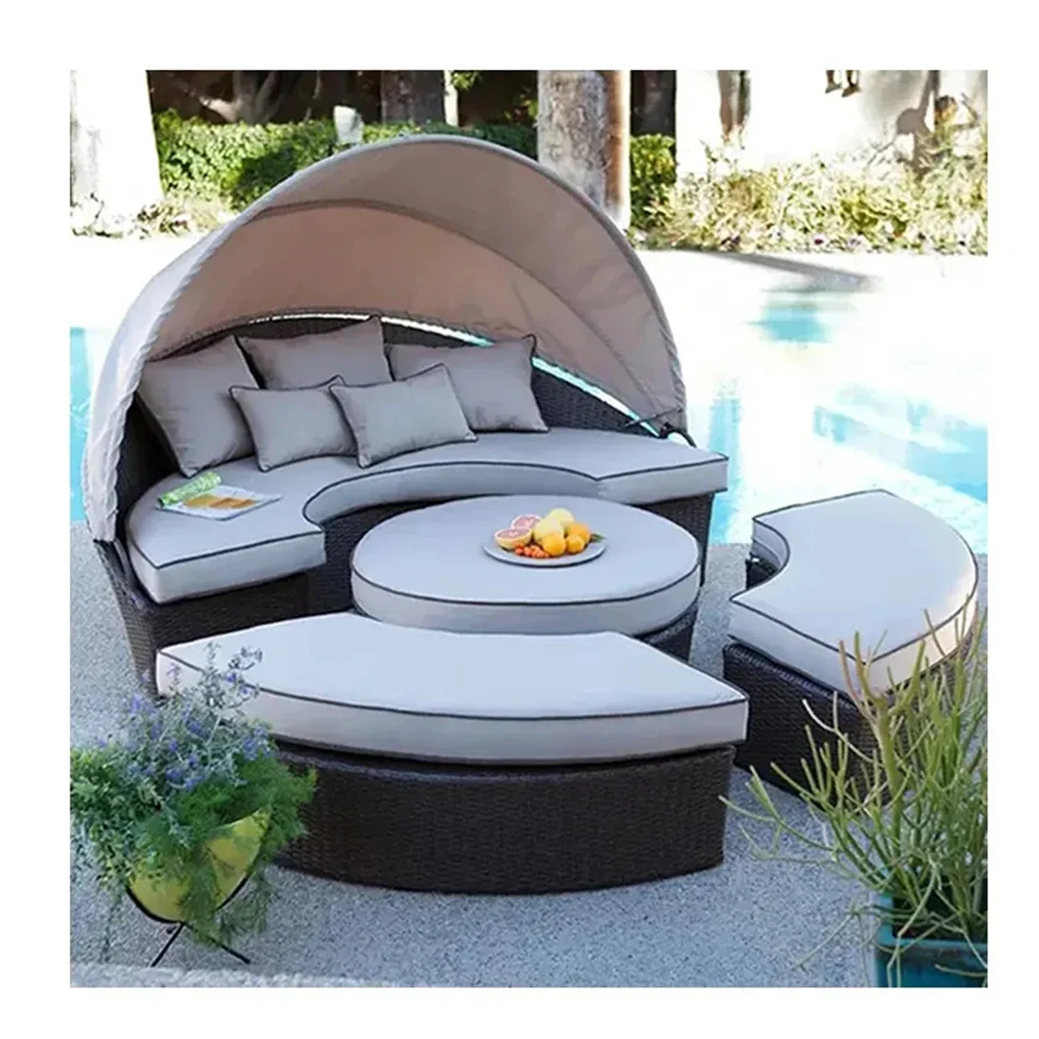 Outdoor rattan patio aluminum day bed sun bed furniture rattan daybed for pool with cushion