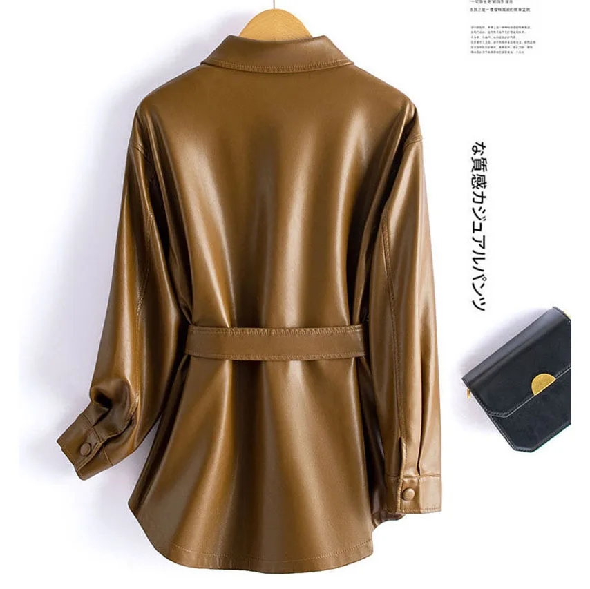 새로운 여성 셔츠 스타일 가죽 자켓 봄 가을 패션 캐주얼 턴 다운 칼라 레이스 업 슬림 가죽 코트 스플릿 가죽