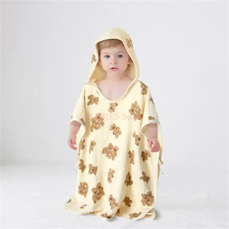 C9GB 6-Layer Muslin-Bath Towel for Baby Newborn Wrap Blanket Lovely Print Infant Hooded Bathrobe High Absorbent Beach Towel