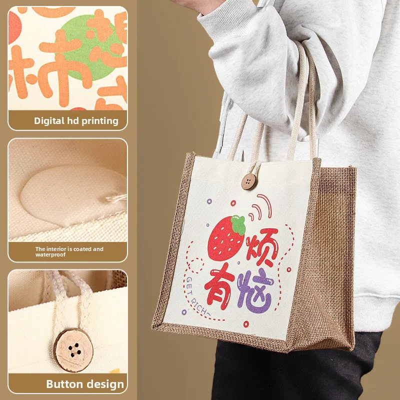 Linen Bag with Customized Logo Gift Jute Patchwork Handbag Three-dimensional Pouch