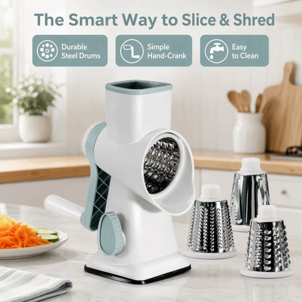 Versatile 3 in 1 Rotary Cheese Grater Clear 3 Sharp Drums Peanut Nuts Grinder Julienne Vegetable Shredder Garlic Potato