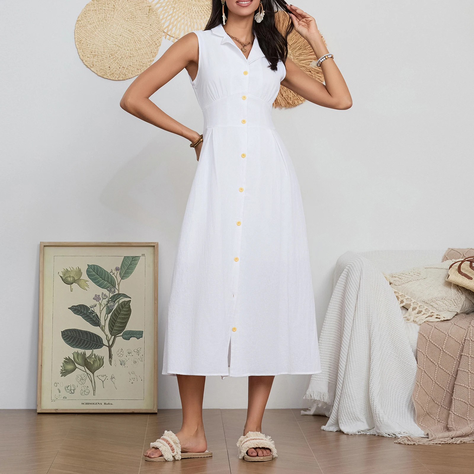 Women's Clothing Summer 2024 Trend  Long Dress, Sleeveless Turn-down Collar Button-down Casual Party Summer A-line Dresses