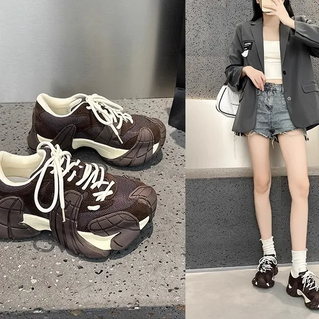 

Trendy Thick Bottom Dad Shoes Women's New Style Octopus Design Genuine Leather Breathable Mesh Upper Casual Fashion Sneakers