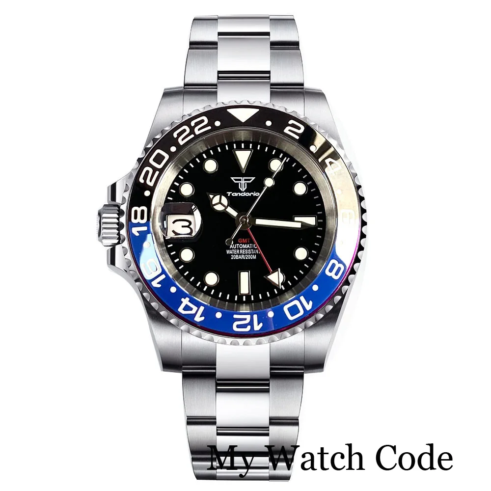 

Tandorio Left-Hand NH34 GMT 200m Waterproof Mechanical Men Watch Dual Time 904L Bracelet 9 o clock Date Prefessional Clock