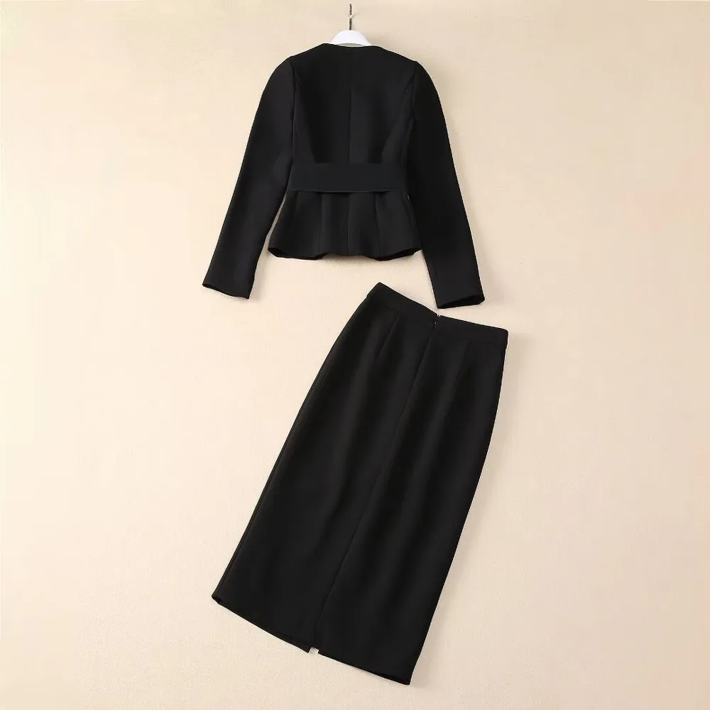 ZJYT Autumn Winter Embroidery Blazer with Skirt 2 Piece Matching Set for Women Elegant Vintage Black Outfit Party Luxury Suits