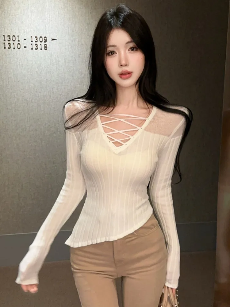 Women's Autumn Winter Knitted V-neck Cross Design Base Layer Top Unique Beautiful Sweater Skin-friendly Breathable Long Sleeve